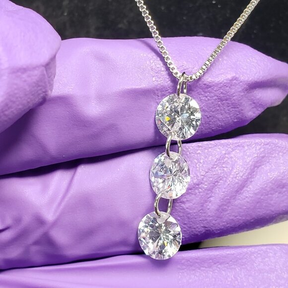 Necklace - Swarovski Crystal  - Triple Stones Drop Pendant, Rhodium Overlay, 18" - Picture 9 of 13